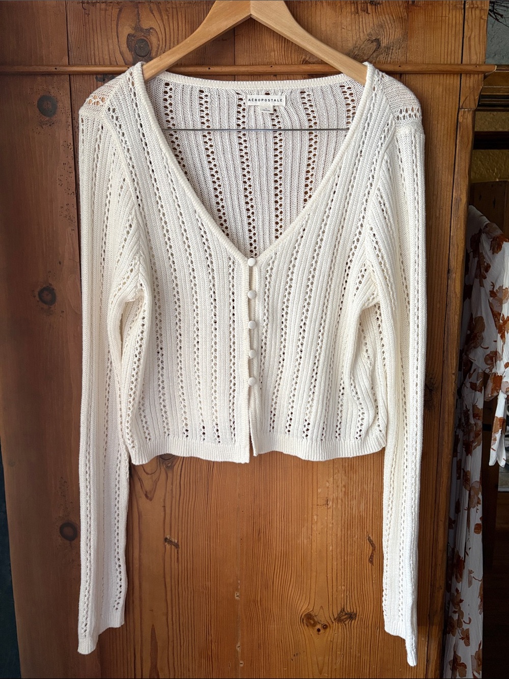 Aeropostale Cream Open-Knit V-Neck Button Cardigan
